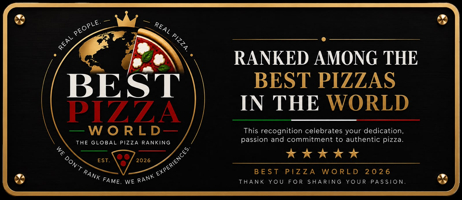 Best Pizza World Official Plaque — Ranked among the best pizzas in the world